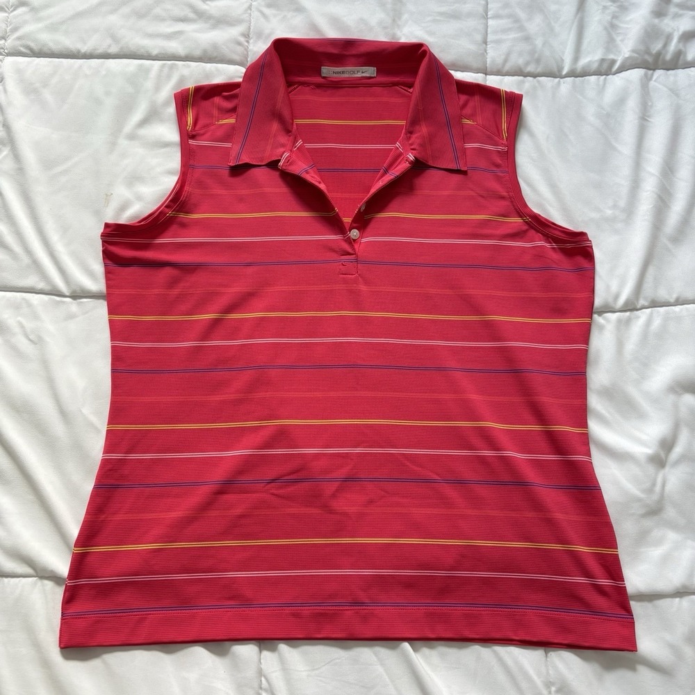 Nike Golf Sleeveless Polo T Shirt Womens Pink Striped Outdoor Activewear Preppy